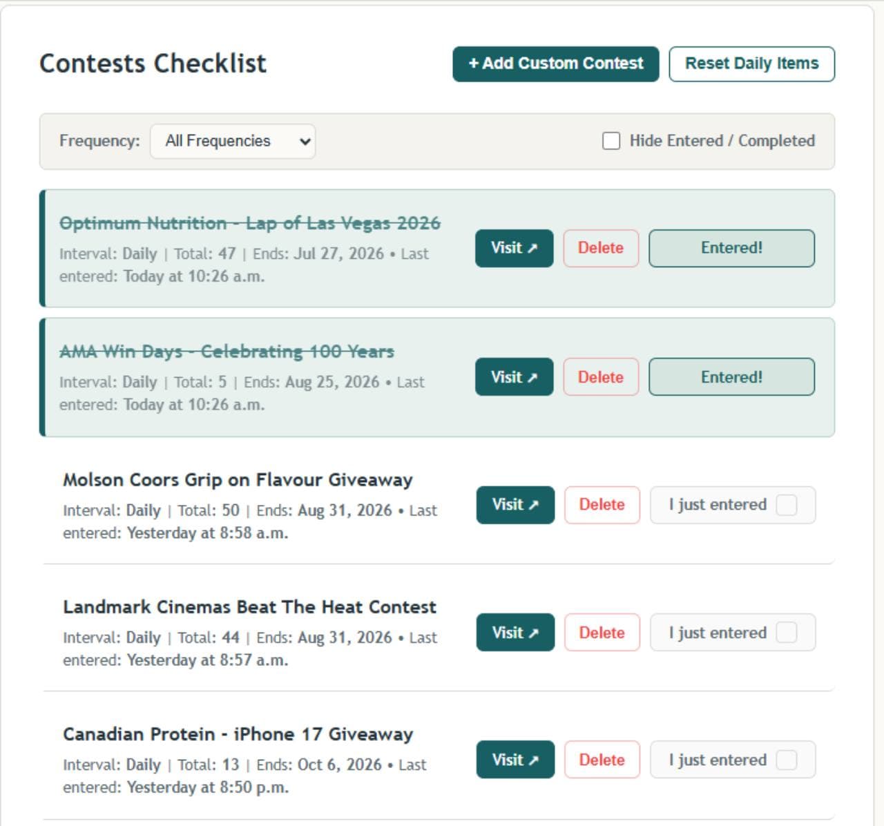 ContestLog tracker with entered contests crossed out and remaining daily entries below